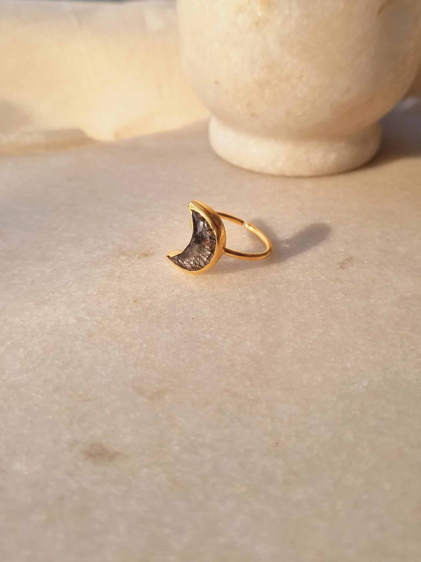 chandra - Black Rutilated Quartz Luna Ring